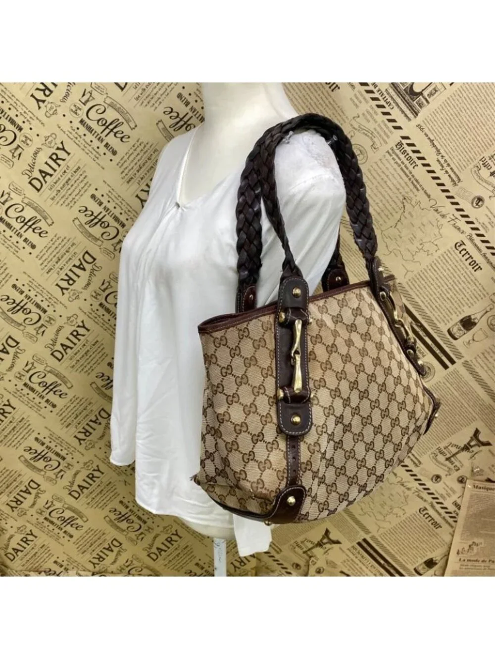 Gucci Tote Shoulder Bag GG Canvas Horsebid - Picture 3 of 16